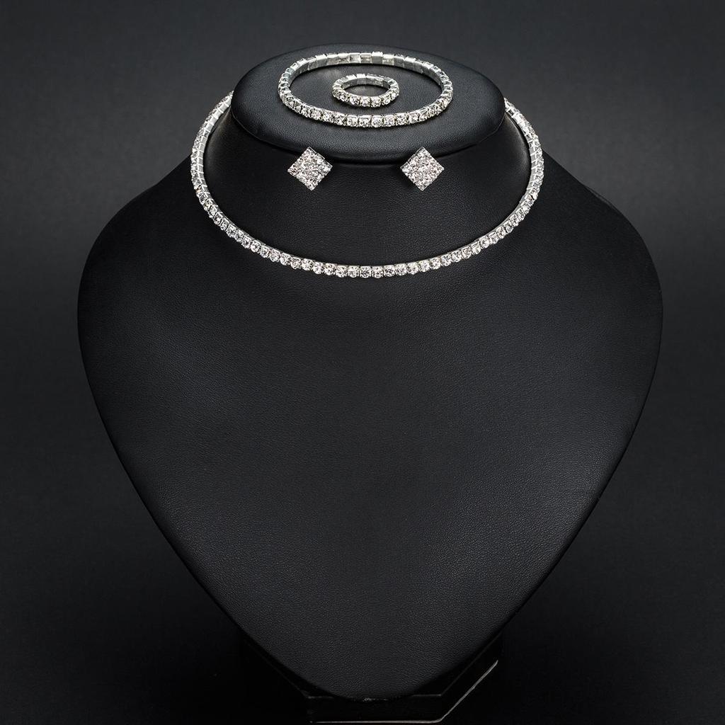 European & American Fashion Jewelry Set: Diamond-Inlaid Hollow Choker, Earrings, Ring, Bracelet - N387