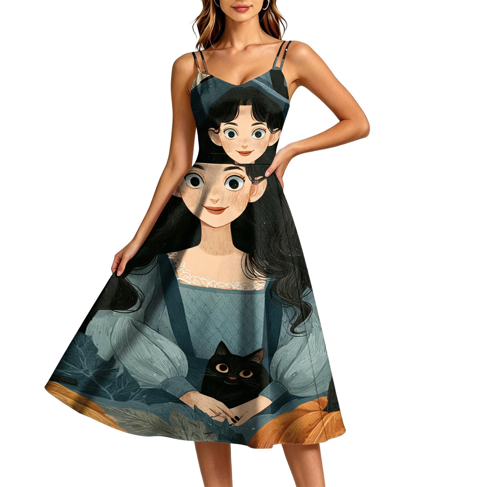Women s Casual Halloween Print Round Neck Sleeveless Dress for Holiday Party S