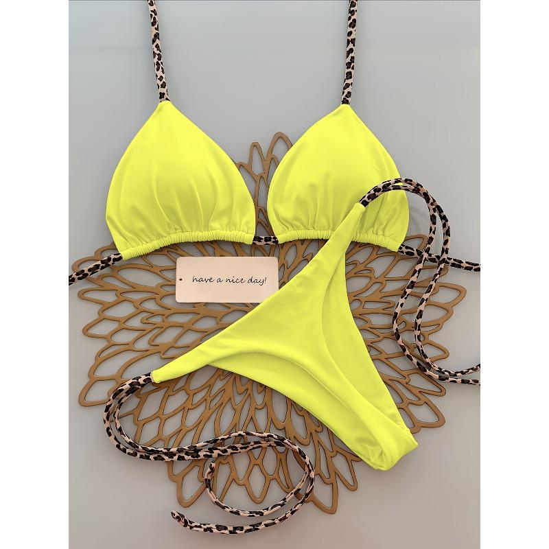 Ladies' Fashionable Leopard Print Bikini Swimsuit - Tie String Triangle Top & Thong Bottom Set, Sexy Beach Vacation Outfit