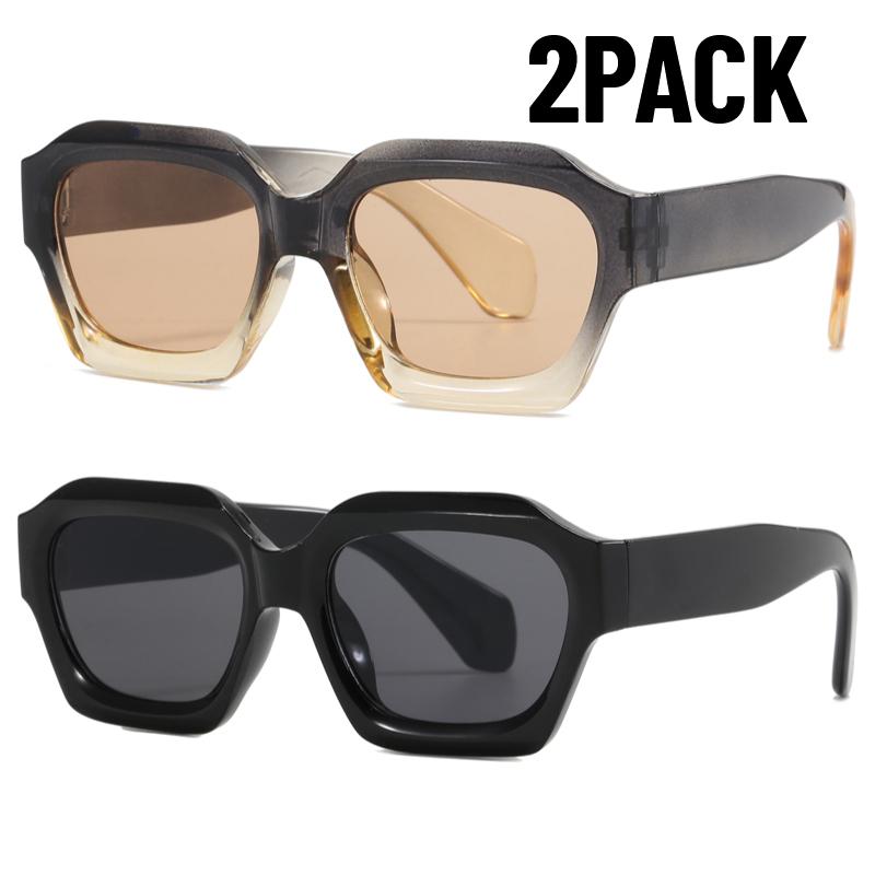 2PCS New Fashion Black Small Rectangular Thick Frame Sunglasses for Men and Women Rectangular Summer Wear Outdoor Travel Shades
