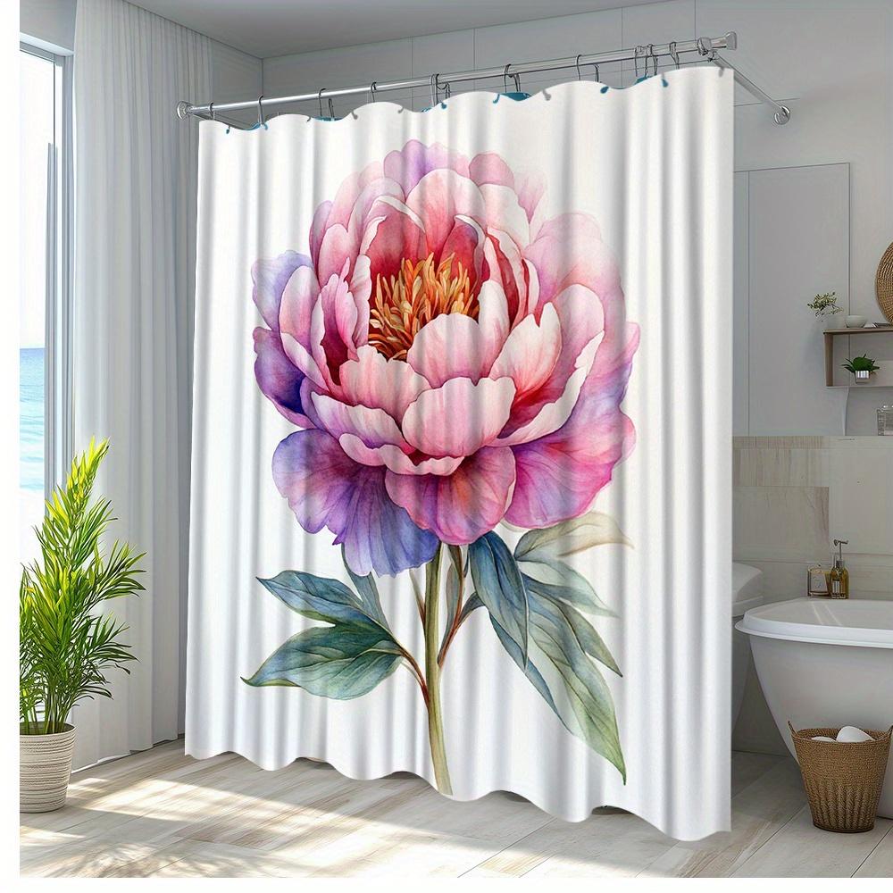 1Pc Elegant Peony Floral Shower Curtain - Vibrant Pink & Purple Design, Polyester Fabric, Includes 12 Hooks, 70. 8X70. 8 Inches,