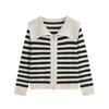 Plus Size Women's Autumn Navy Collar Jacket Top Striped Long Sleeve Knitted Cardigan