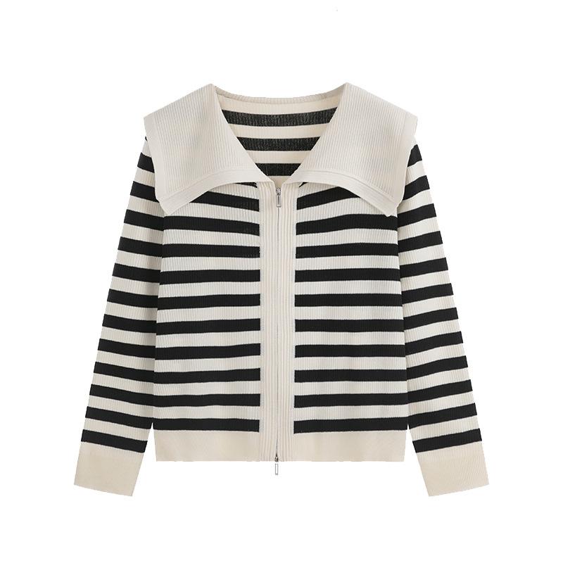 Plus Size Women's Autumn Navy Collar Jacket Top Striped Long Sleeve Knitted Cardigan