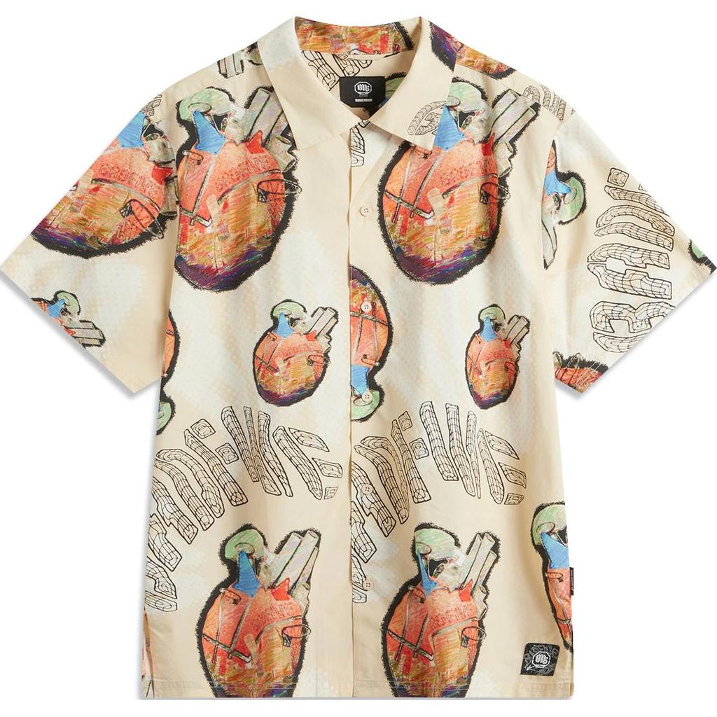 Li-Ning Basketball Series All-Over Print Letter Button-Down Loose Short Sleeve Shirt Men shirts Gravel-Gray ASHU411-1