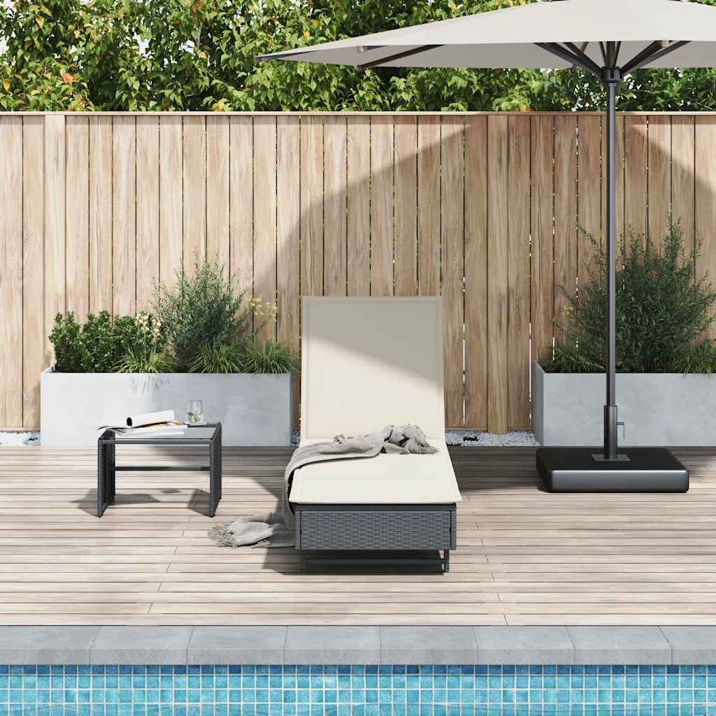 Sun Lounger with Wheels and Cushion Black Poly Rattan