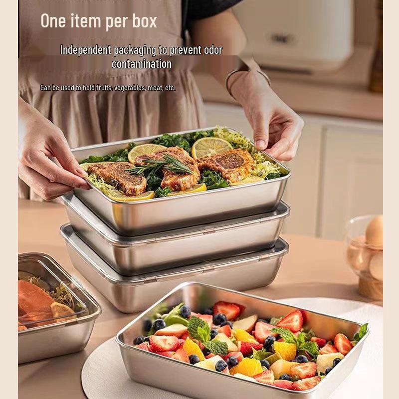 Stainless Steel Square Tray with Lid and Magnetic Fresh-Keeping Box for Household Use