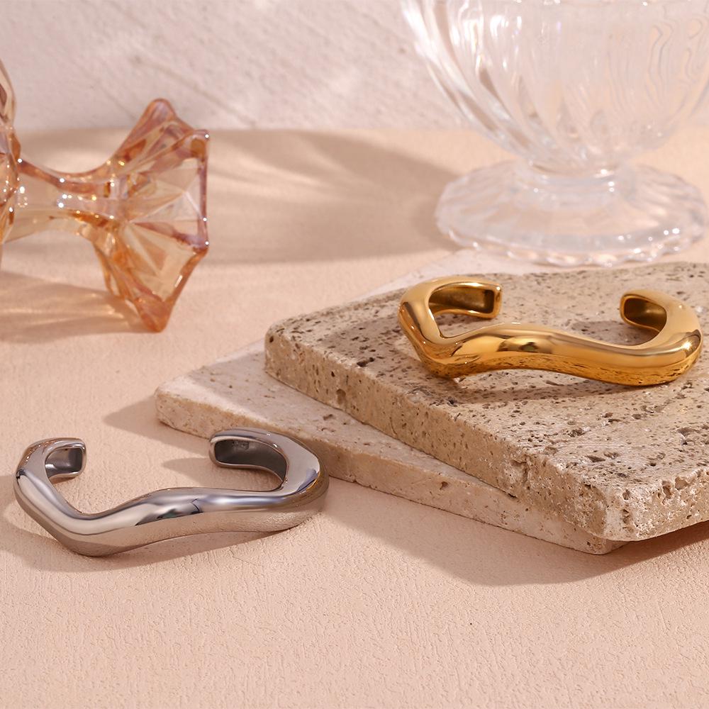 18K Gold-Plated Stainless Steel Wave Open Bangle for Women