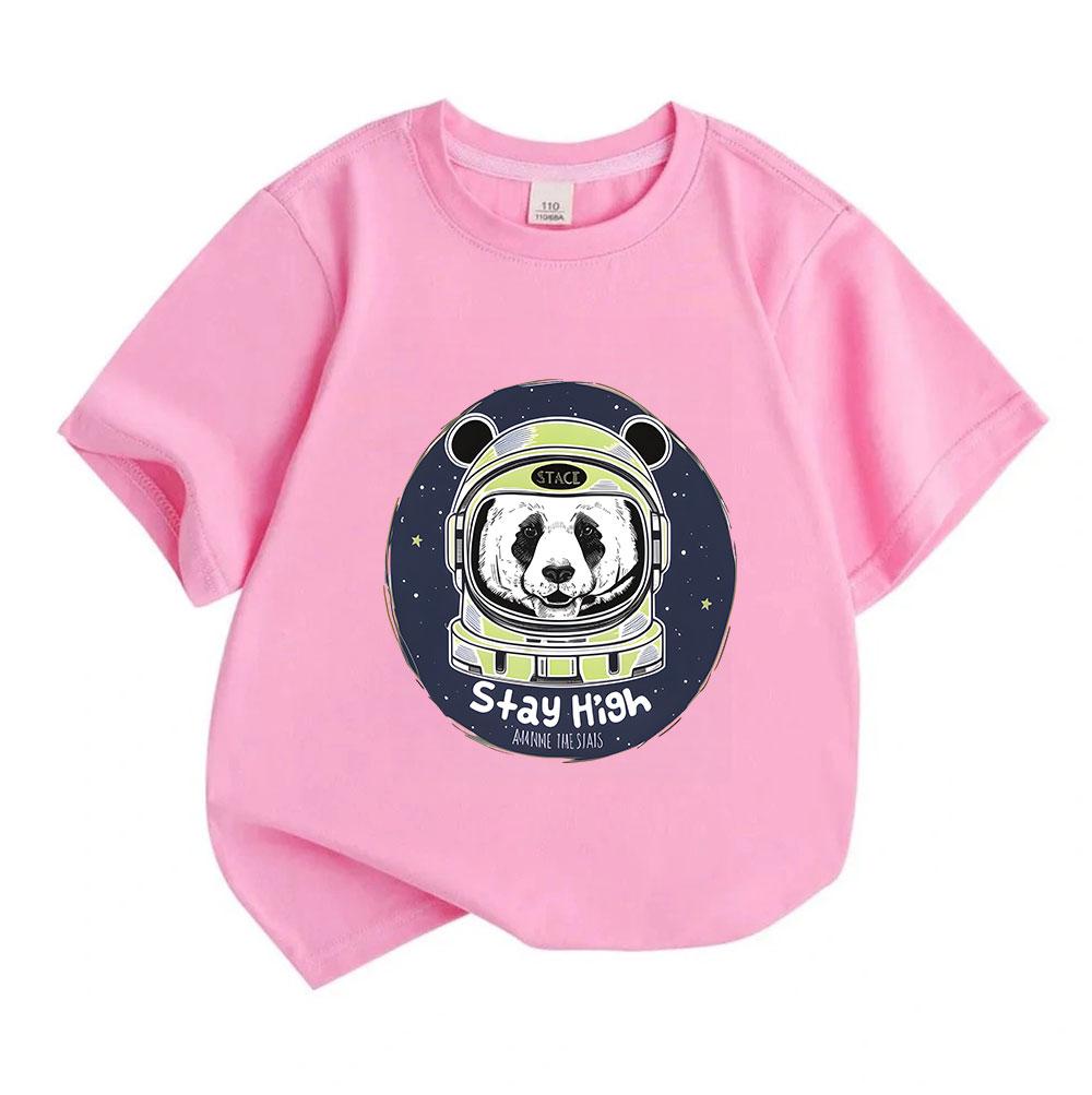 Kids Boys Girls 100% Cotton Crew Neck Short Sleeve T-Shirt, Cute Space Panda Astronaut Print Casual Stay High Tee, Soft Breathable Summer Top for Dail