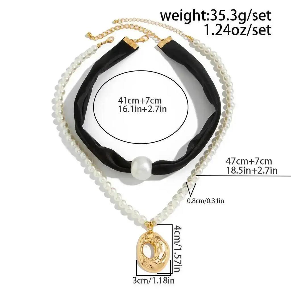 2026 Fashion 2Pcs Retro Leopard Print Velvet Imitation Pearl Necklace Women Trend Geometric Metal Pendant Choker Jewelry Gift