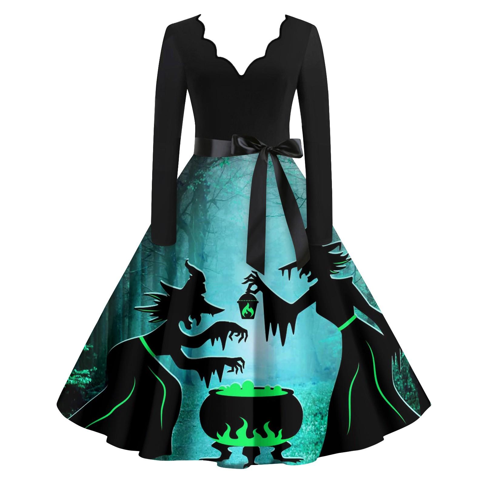 

Женские повседневные модные винтажные длинные платья с длинным рукавом на Хэллоуин и графическим принтом L