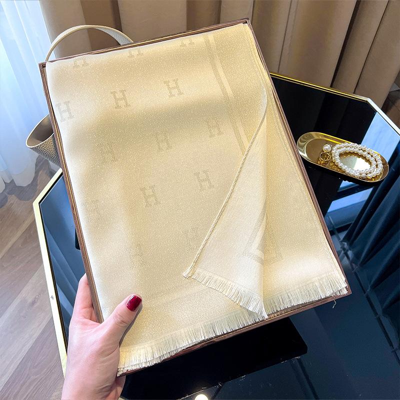 1116 new H letter imitation silk scarf simple fashion versatile shawl tencel cotton silk scarf scarf