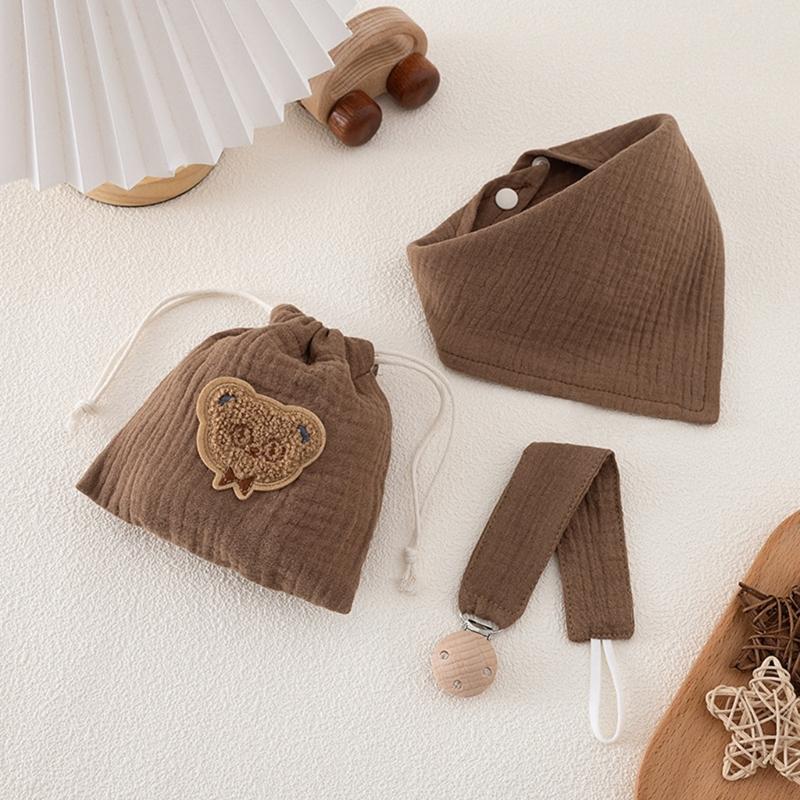 3pcs Organic Cotton Infant Bandana Bib And Pacifier Holder Combo Includes Washable Storage Pouch Baby Shower Gift Set