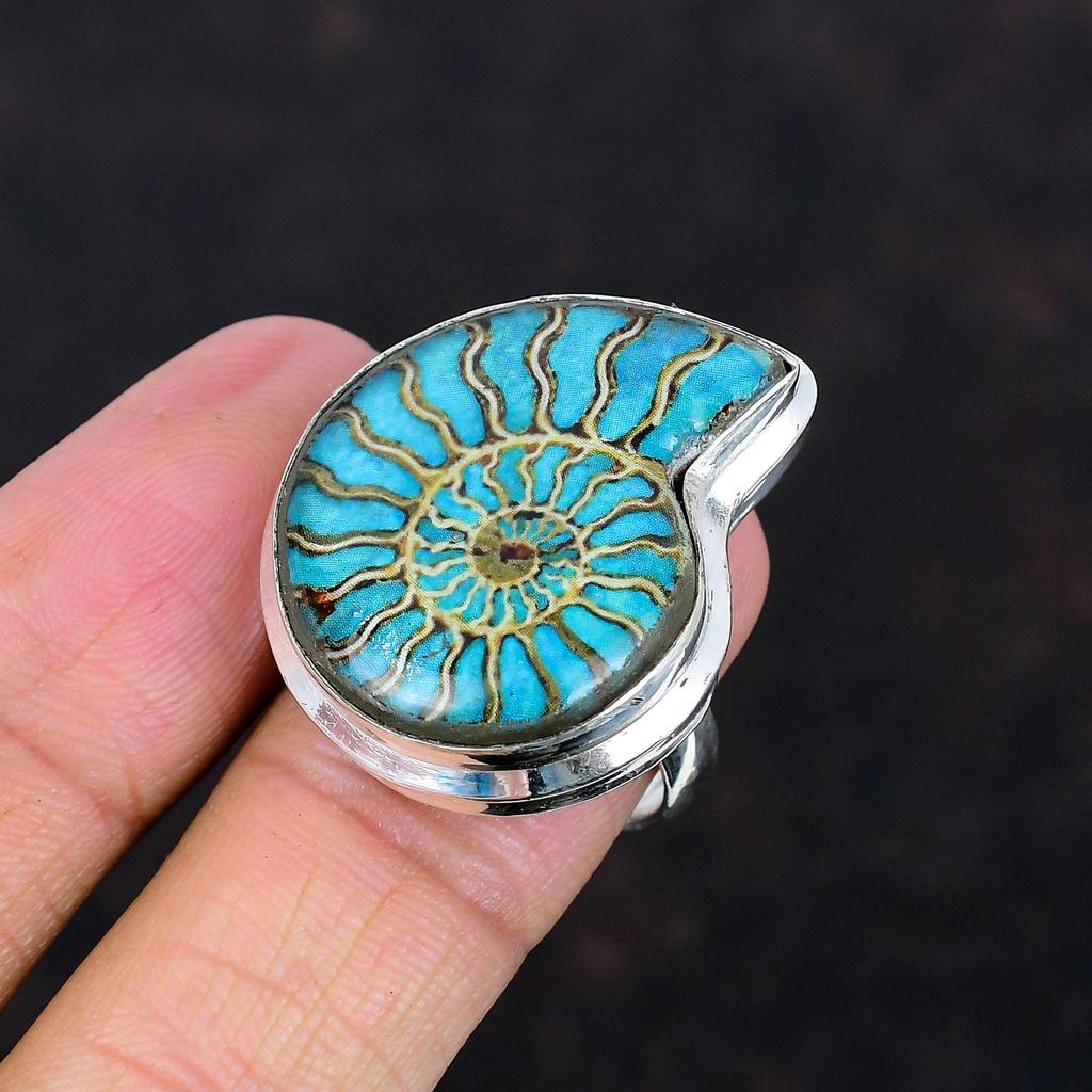 Blue Turquoise In Ammonite Fossil Ring 925 Sterling Silver Ring Adjustable Ring Silver Jewelry Handmade Real Gemstone Ring Engagement Gifts