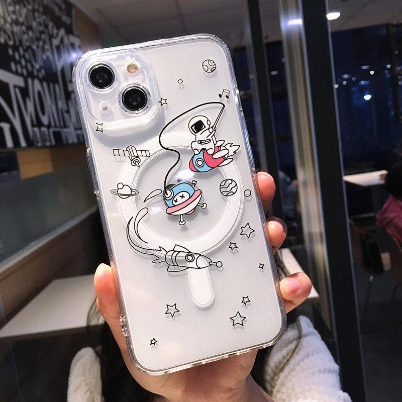 Cartoon Cute Astronaut Wireless Charging Phone Case For Iphone 14 13 12 11 Pro Max 14 Plus 14pro Clear Soft Silicone Back Cover
