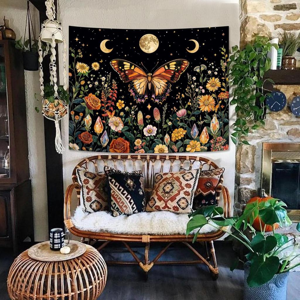 Boho Butterfly Tapestry Flower Moon Wall Tapestry, Moon Phases Tapestries For Bedroom Cute Tapestries Wall Hanging For Bedroom
