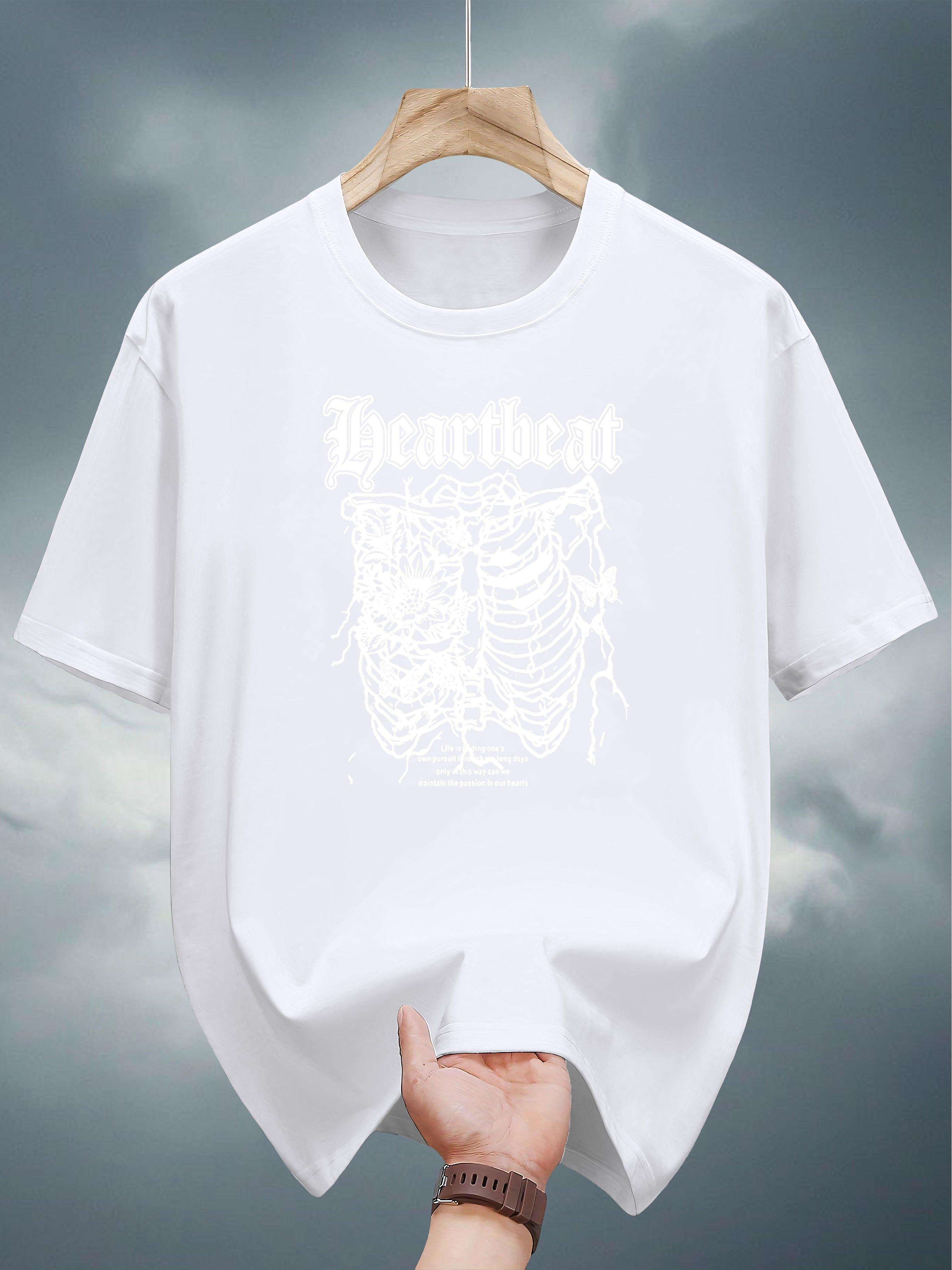 100% Pure Cotton Graphic T-shirt - Casual Summer Short Sleeve Tee with Bold HEARTBEAT Skeleton Print Design XXXXL