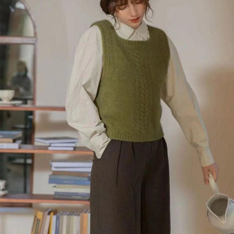 Square Collar Sweater Vest Ladies French Vintage Twisted Knitted Vests Women Autumn Winter Casual Slim Pullovers Vests