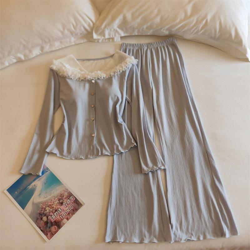 Women's Cotton Pajama Set: Long Sleeve, Lace Trim, Long Pants, Chest Pads, Sexy Style for Spring, Autumn, Winter.