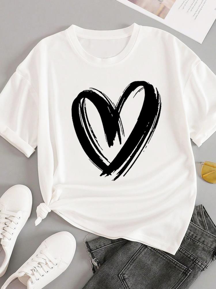 (Asian Size) T-shirts Fashion O-neck Female Casual Women's Top T Clothing Sweet Love Style 90s  Print Short Sleeve Graphic Tee
