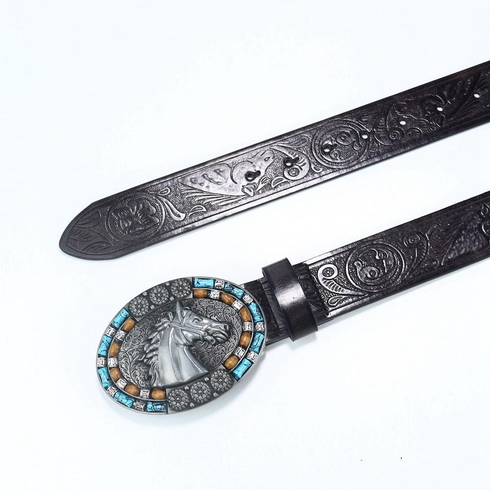 Men'S Western Denim Belt Horseback Retro Blue Retro Horsehead Punk Belt