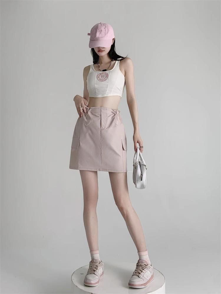 Retro Cargo Skirt for Women Summer Drawstring High Waist Slim Mini Shorts Skirt Fashion Design Preppy Style Style Female Clothes