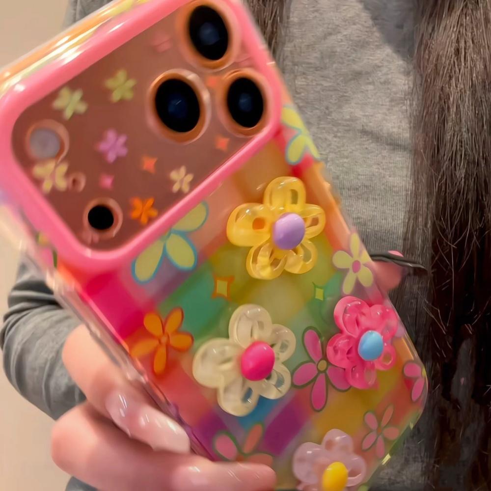 Korean Style Ins Dopamine Colorful Checkered 3D Flower iPhone 17 Pro Max Case for Apple 15 Pro 14 13 16 Women Unique Full Cover