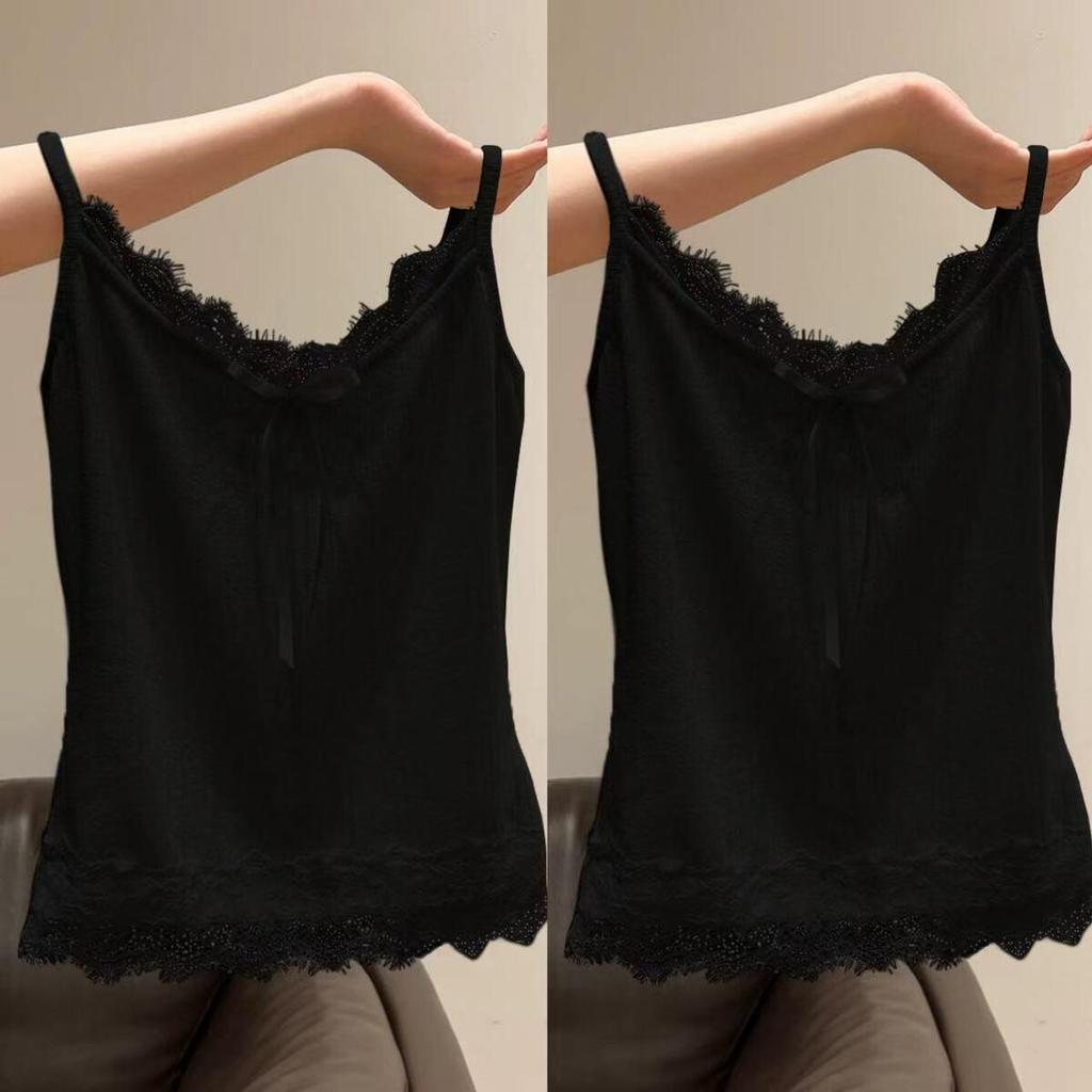 Women's Plus Size Cotton Lace Bow Camisole - Slim Fit Spring/Summer Layered Tank Top