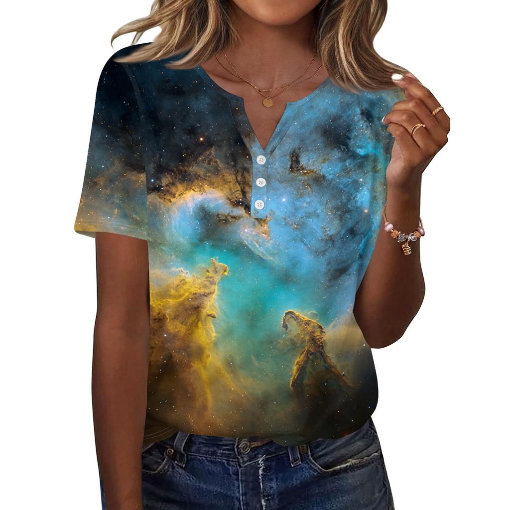 Damska Koszulka z Nadrukiem Guziki Krótki Rękaw Codzienna Weekendowa Moda Podstawowy Dekolt V Regularny Top