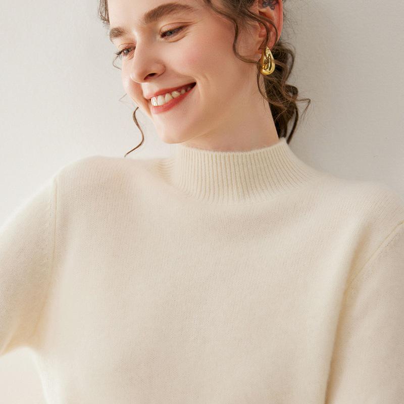 Women's Cashmere Sweater, Soft & Sticky, Half-High Collar, Solid Color, Seven-Gauge Knit, Thick Base Layer, Slimming Versatile Top.