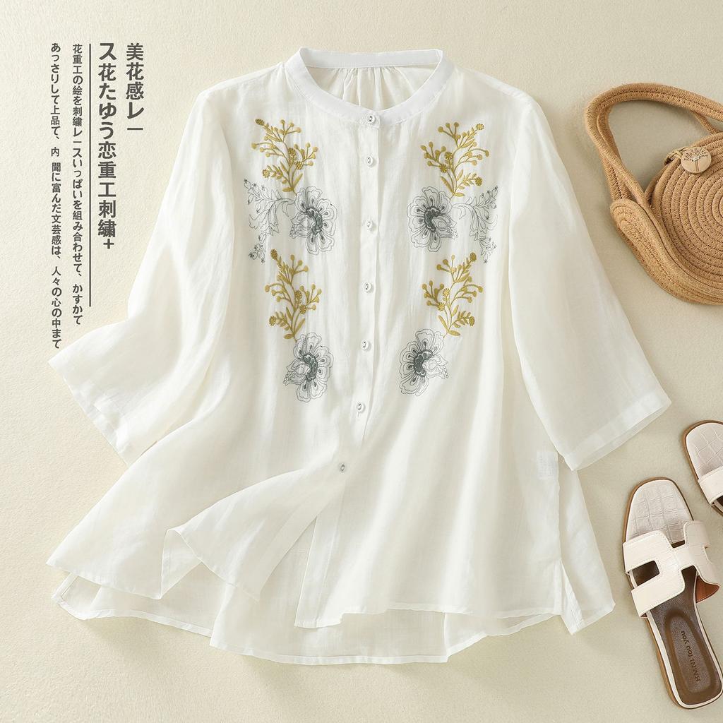 Cotton and Linen Half-sleeved Short-sleeved Embroidered Shirt Spring and Summer New Versatile Literary and Retro Versatile Loose Meat-covering