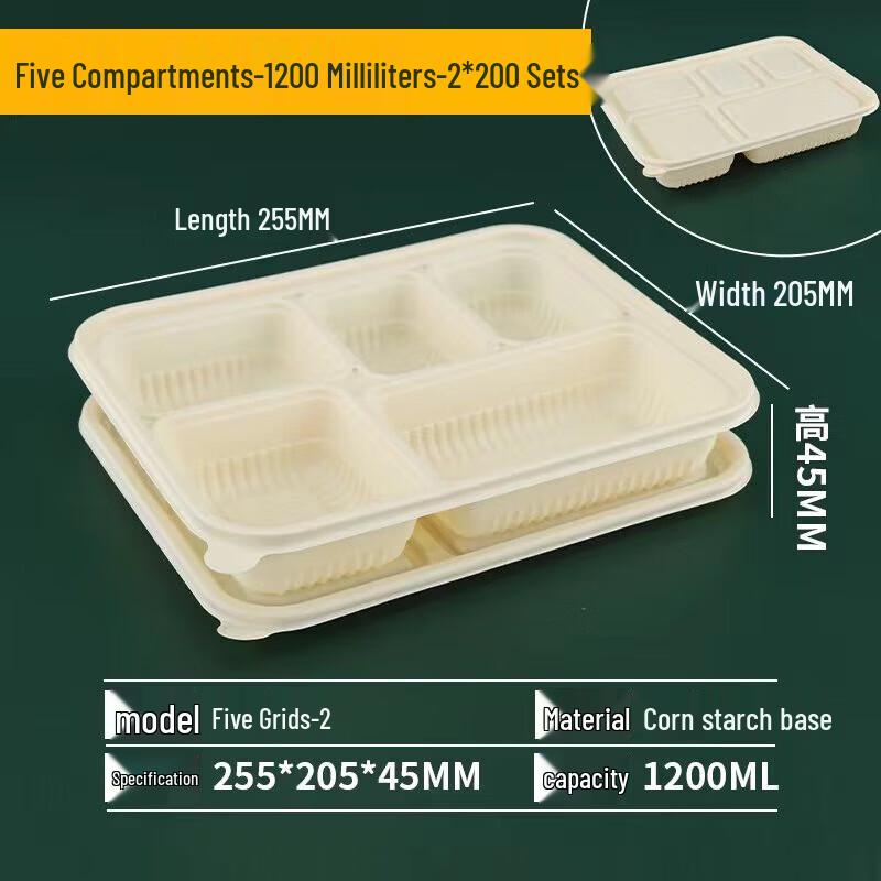 Biodegradable 5-Compartment Takeout Lunch Boxes with Lids
