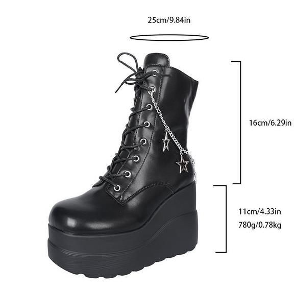 Modische Damen-Stiefeletten mit Plateauabsatz und runder Spitze, Reißverschluss, Punk, lässig, Cosplay, Fledermaus-Motorradstiefel für Damen, Gothic-Schuhe mit Metallkette