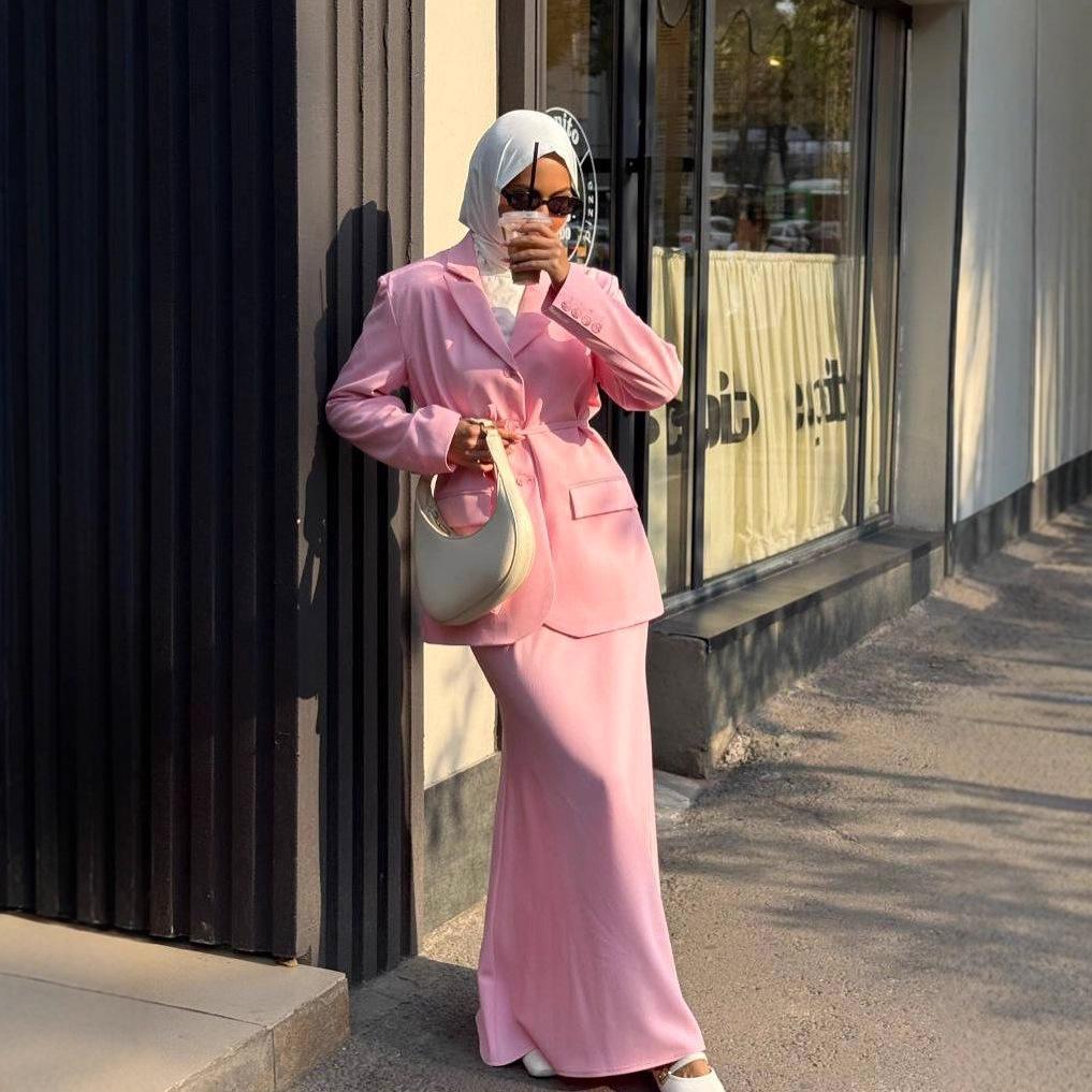 Set Jachetă cu Mânecă Lungă și Fustă cu Cordon în Talie pentru Femei Toamnă 2025