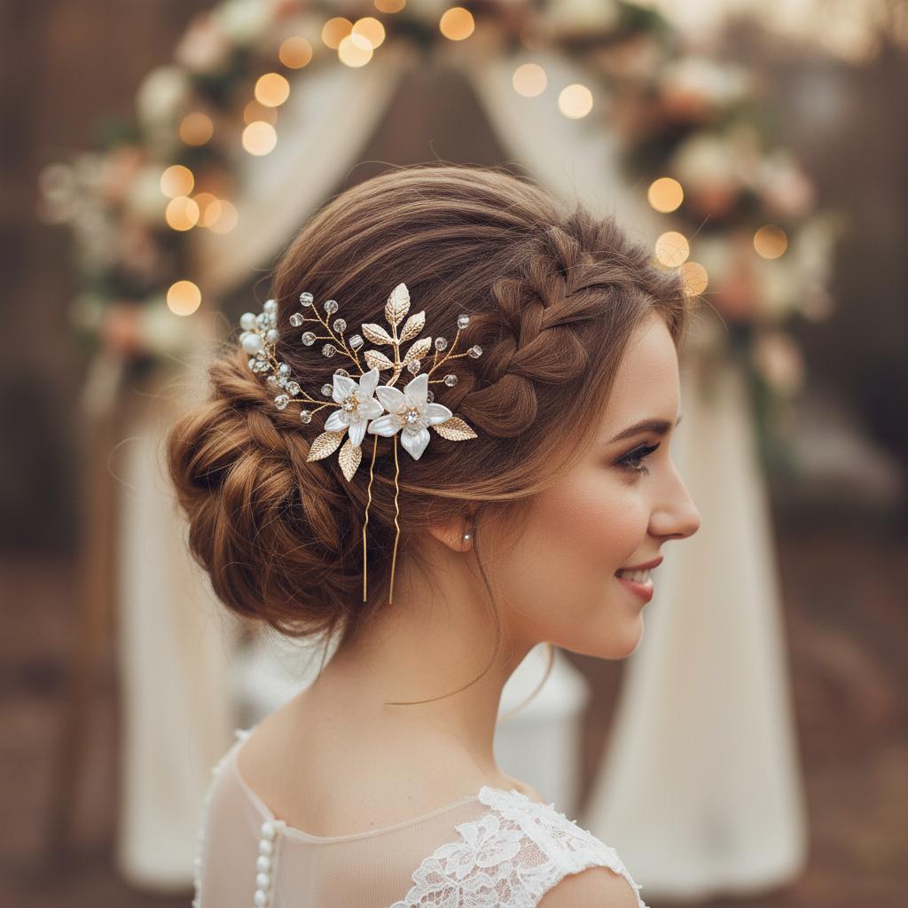 Bridal Wedding Hairpin White Flower Leaf Design Crystal U Pin For Elegant Hairstyles