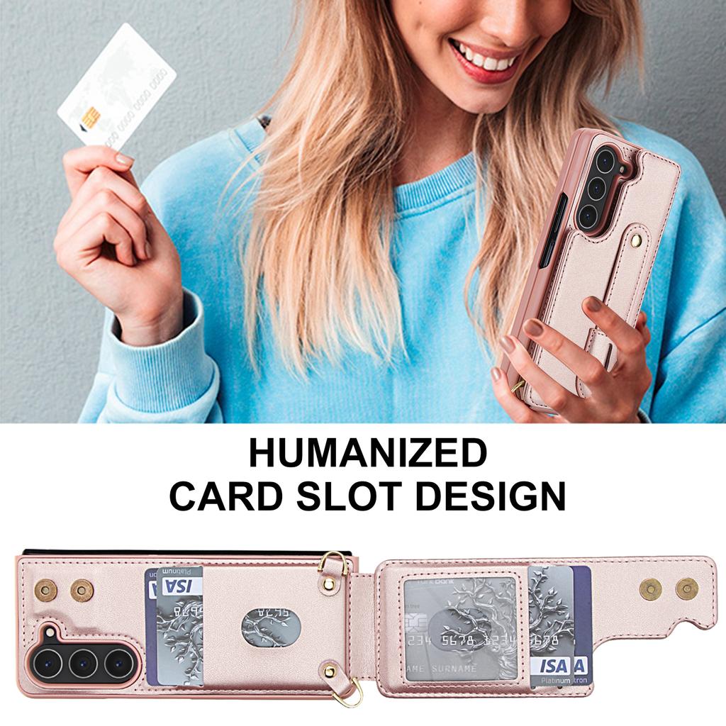 For Samsung Galaxy Z Fold5 5G Case Kickstand Card Slots Leather Coated TPU Cover with Shoulder Strap