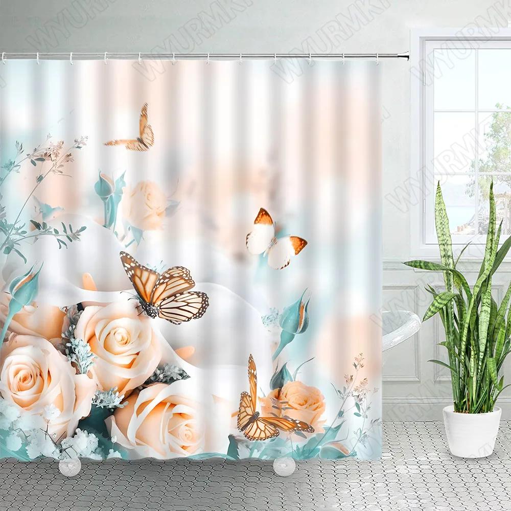Rustic Flowers Shower Curtains Red Pink Rose Butterfly Sunflower Spring Nature Floral Bath Curtain Set Bathroom Decor with Hooks