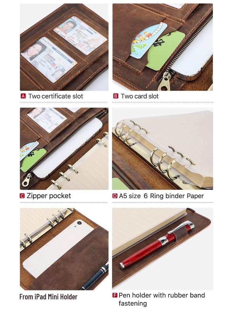 A5 Crazy Horse Leather 6-Hole Binder Notebook Cover for Study & Office, Multifunctional Genuine Leather Journal Cover