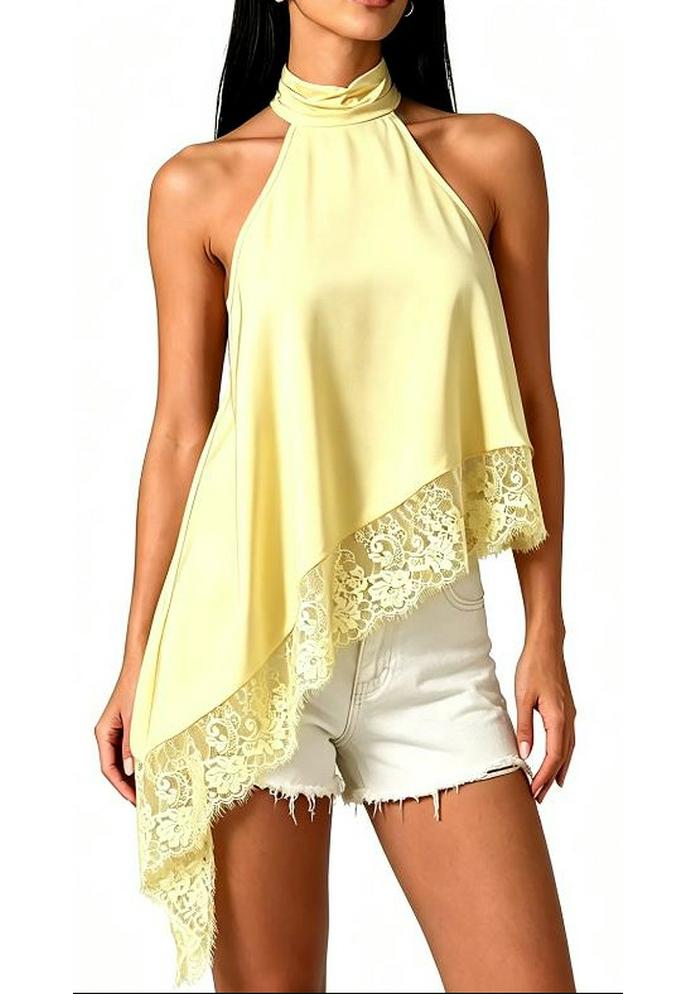 2025 Women's Satin Halter Neck Sleeveless Asymmetrical Camisole with Lace Trim