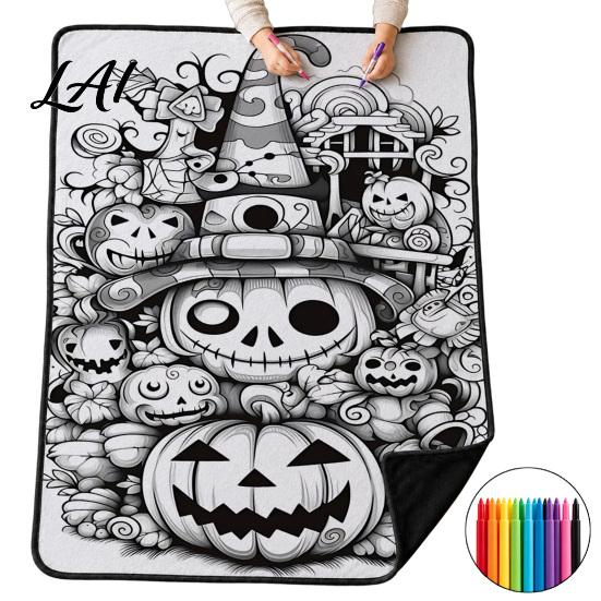 Cozy Couch Blanket with Markers Halloween DIY Coloring 24 Markers Color Your Own Throw Soft Velvet Arts And Crafts Blanket Ghost Pumpkin Patterns