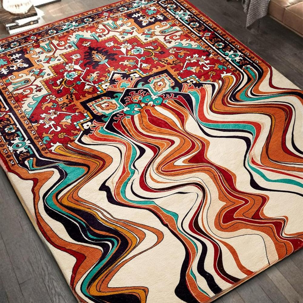 Vintage Wine Red Melting Oriental Carpet for Living Room Bedroom Soft Non-Slip Area Rug Balcony Boho Wavy Funky Abstract Rugs