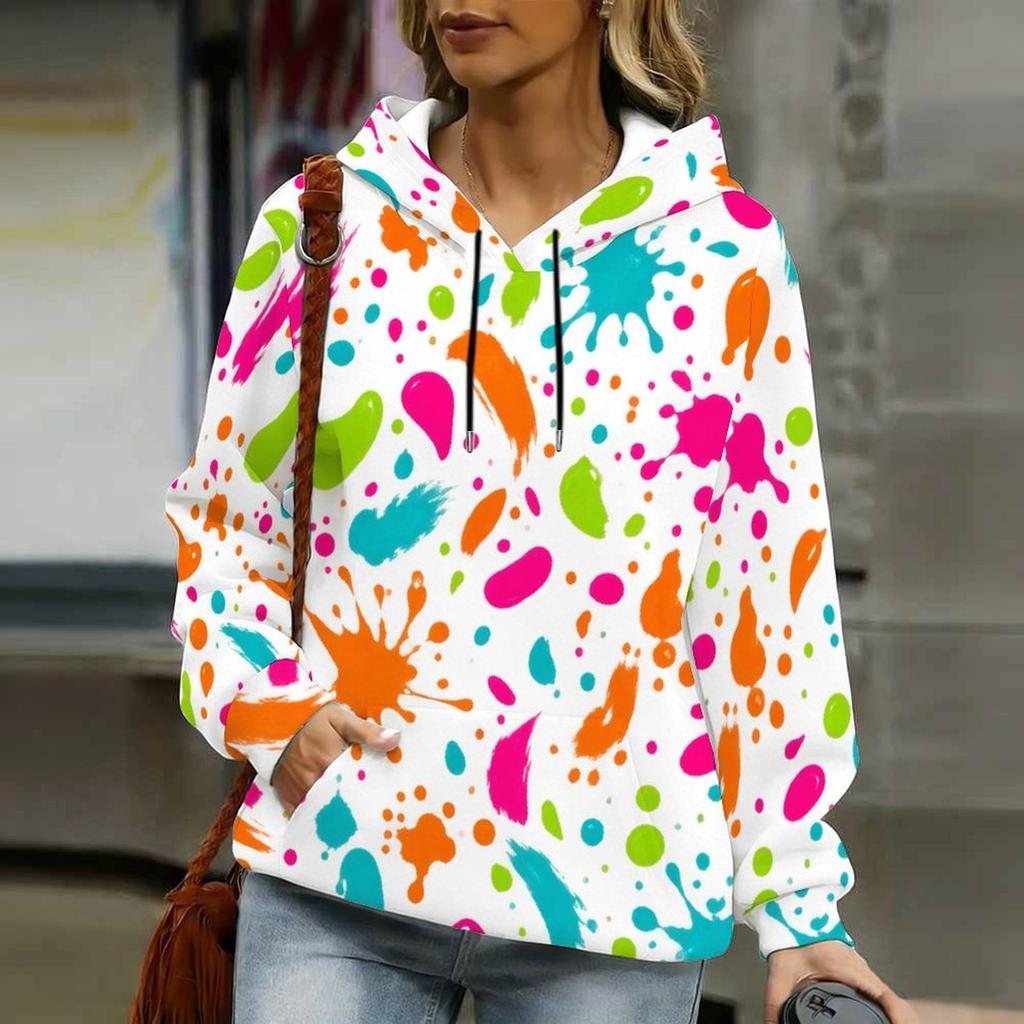 Women Plus Size Colorful Paint Splash Print Long Sleeve Drawstring Hoodie With Kangaroo Pocket