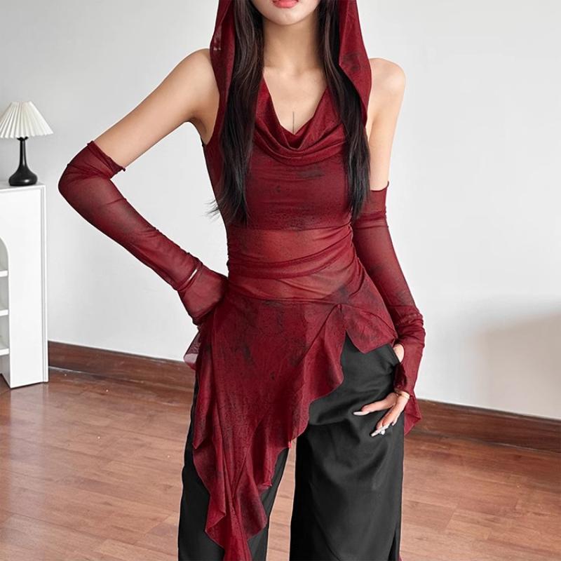 Vintage Gothic Hooded T Shirts Women Through Slim Y2K Tees Streetwear Harajuku with Sleeves Irregular