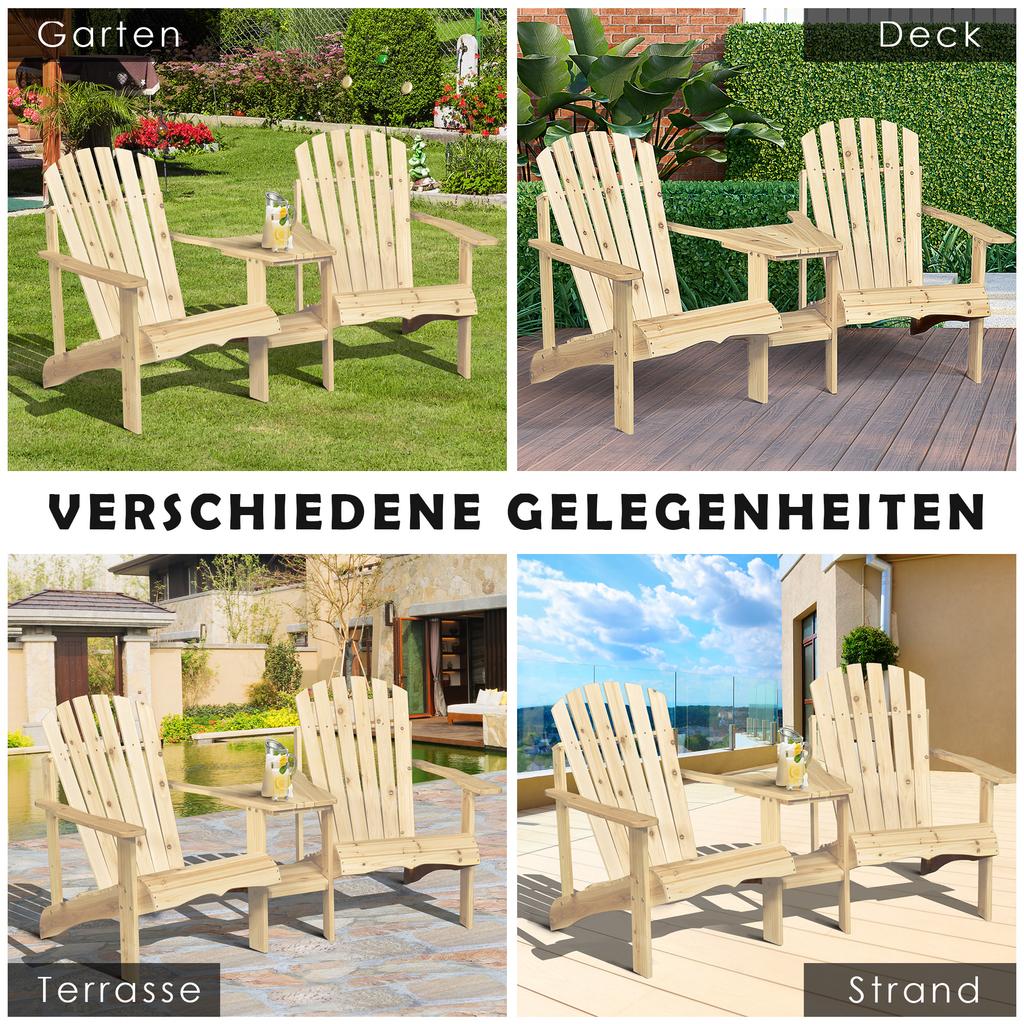 Adirondack Solid Wood Garden Chair with Table and Parasol Hole, 2-seater Garden Armchair, Seating Group, Garden Furniture for Balcony