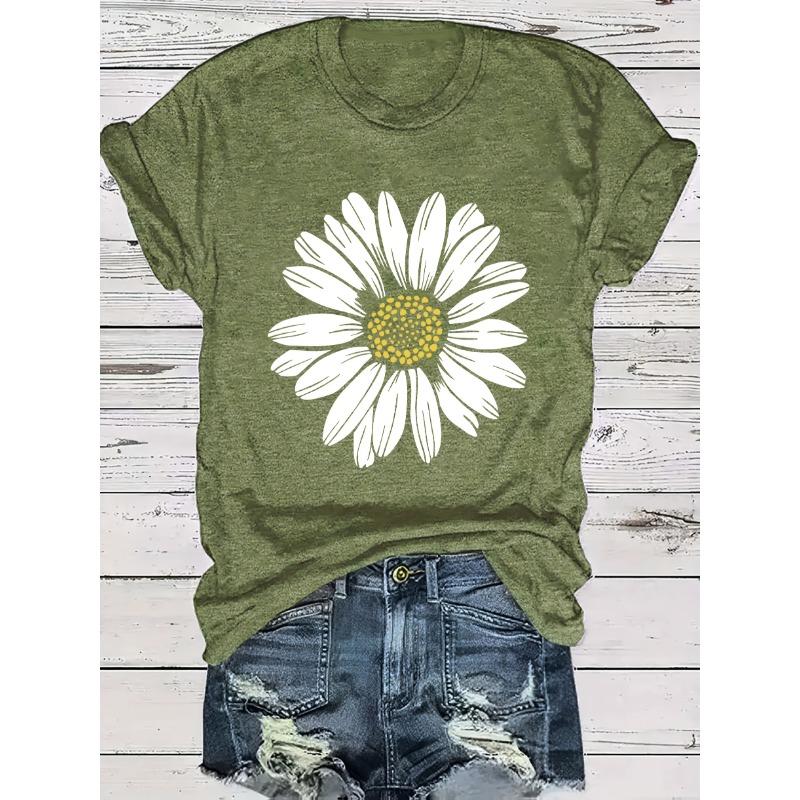 Daisy Flower Print Women's Summer Fitted Round Neck T-Shirt