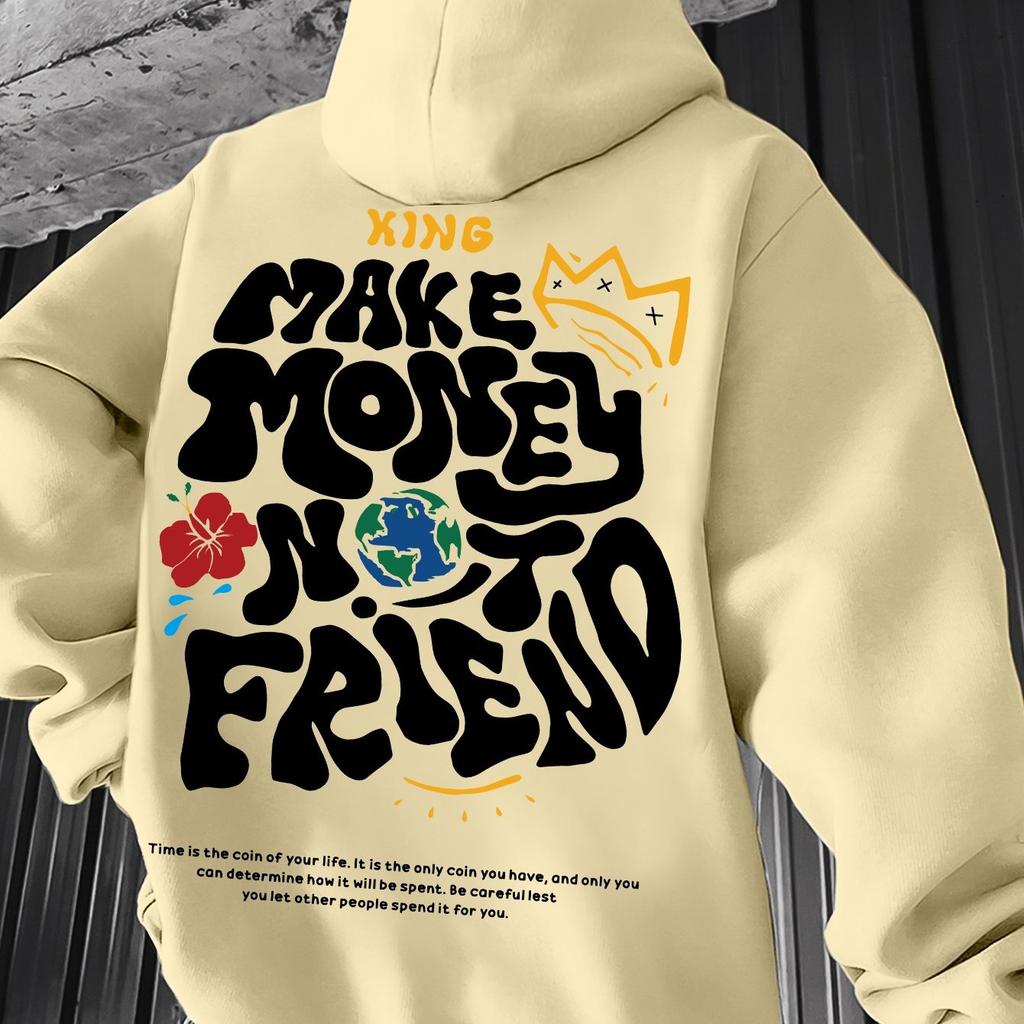 Men's Autumn and Winter Casual Fashion Loose Plus Size Letter Pattern Print Fleece Warm Long Sleeved Hooded Sweatshirt Pullover