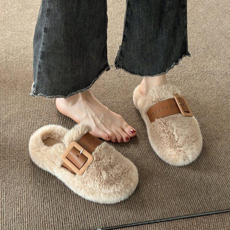 Fashion Spring Fall Hairy Slippers Female Winter Outside Wear Thick Bottom Muffin Household Plush Cotton Slippers