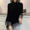 New Spring and Autumn Chinoiserie Style Stand Collar Button Slant Placket Lace Jacquard Long Sleeve Velvet Cheongsam Top