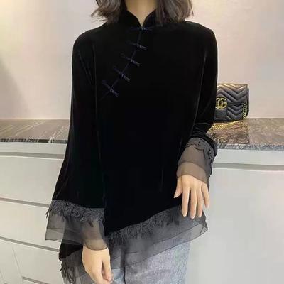 Nou Top Cheongsam din Catifea cu Mânecă Lungă, Guler Înalt, Nasturi Oblici, Dantelă Jacard, Stil Chinezesc, Primăvară și Toamnă