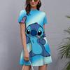 Nuevo vestido de playa de verano para mujer con estampado floral, sexy estampado de Disney Stitch, vestido de longitud hasta la rodilla con cuello redondo, manga corta, cintura media fl