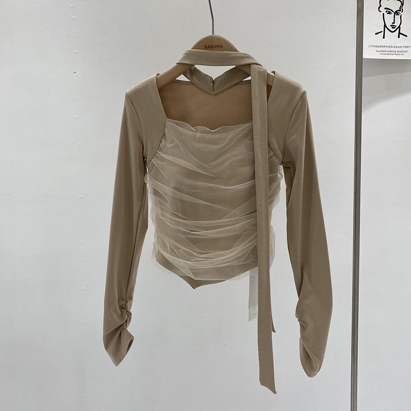 

Autumn 2024 Korean Chic Mesh Layered Square Neck Long Sleeve Irregular T-Shirt with Chest Pads for Women One Size хакі
